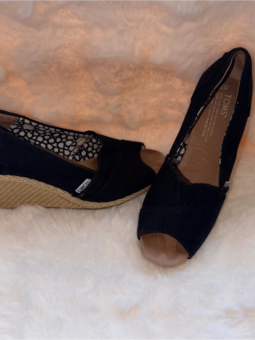 TOMS Black Peep-Toe Wedge Espadrille Shoes